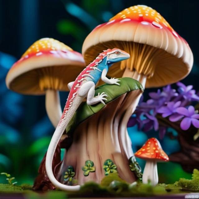 A lizard is perched on top of a large mushroom， 4k, highly detailed, uhd image, intricate details, detailed scene background, detailed, 8k, trending, amazing art, colorful