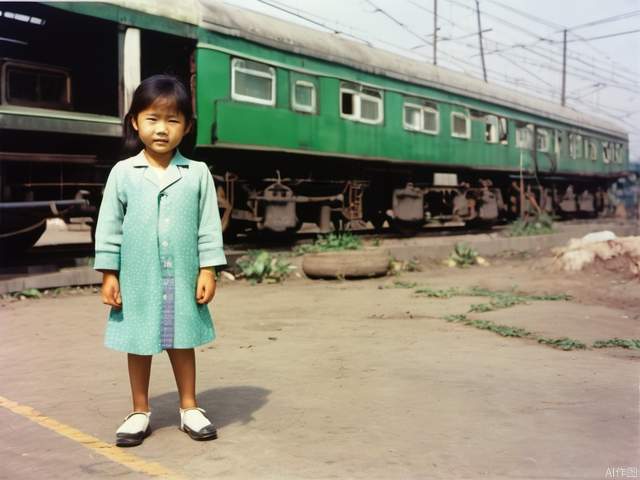 Old photos of a 4-year-old Chinese girl in the 1980s, standing next to a green train