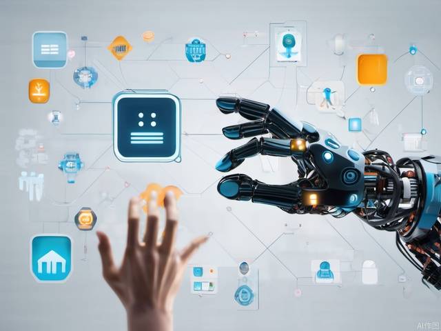 Robot and human hands display AI icons to provide access information