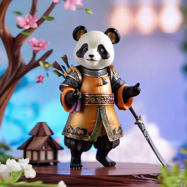 Small anthropomorphic panda ,  dressed in a home-made medieval costume, wearing sandals with socks,  4k, highly detailed, uhd image, intricate details, detailed scene background, detailed, 8k, trending, amazing art, colorful