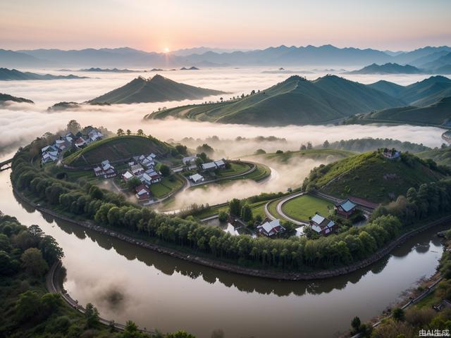 Real photos,Sunshine in the morning， aerial view of Chinese mountain villages, A small river passes through farmland, villages, and mountains, houses, irregular fields. There was a faint, almost non-existent mist by the distant mountains, 4K, masterpiece, realistic