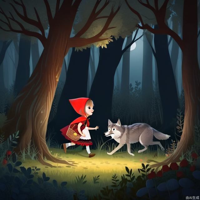 Children's Illustration Style, Little Red Riding Hood is walking through the forest at night. There's a big gray wolf hiding behind a tree

cinematic photo, 4k, highly detailed, uhd image, intricate details

detailed scene background, detailed, 8k, trending, amazing art, colorful


