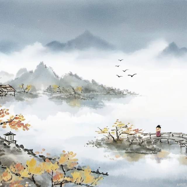 Ink painting,1man,kids,Chinese architecture,lake,distant mountain,moon,island,boat,in autumn,<lora:shuimo1:0.8>,