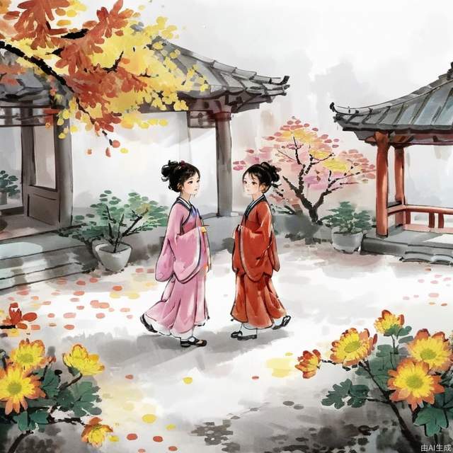 HD, chrysanthemum, multicolored, ink painting,2girl, Chinese courtyard,