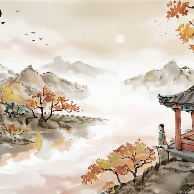 Ink painting,1man,kids,Chinese architecture,lake,distant mountain,moon,island,boat,in autumn,<lora:shuimo1:0.8>,