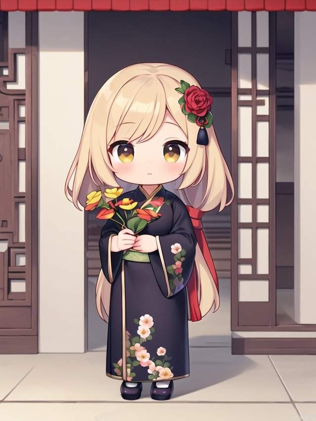 1girl,(chinese clothes,hanfu:1),female focus on,(East Asian architecture,outside:1),(holding flowers:1.2)(Masterpiece, best quality, very detailed CG, complex details: 1.2).