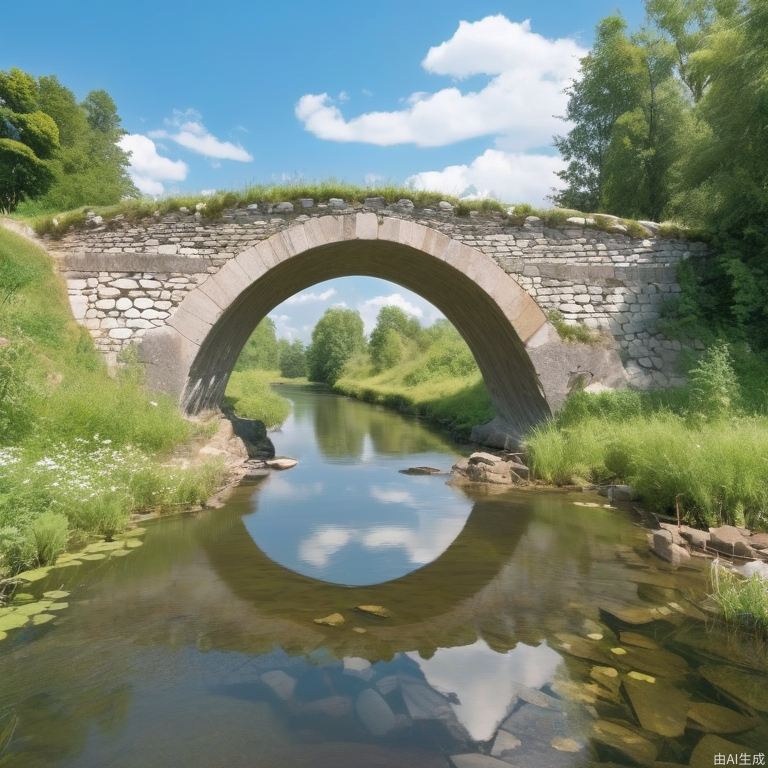 真实照片，夏季河面上竖起一座独拱石桥，两