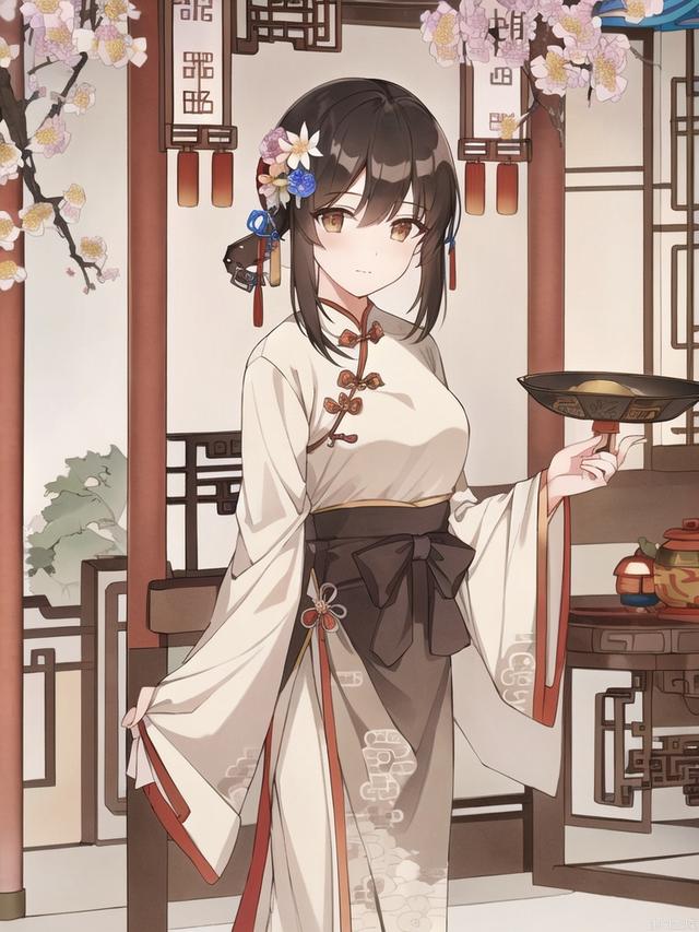 1girl,(chinese clothes,hanfu:1),female focus on,(East Asian architecture,outside:1),(holding flowers:1.2)(Masterpiece, best quality, very detailed CG, complex details: 1.2).