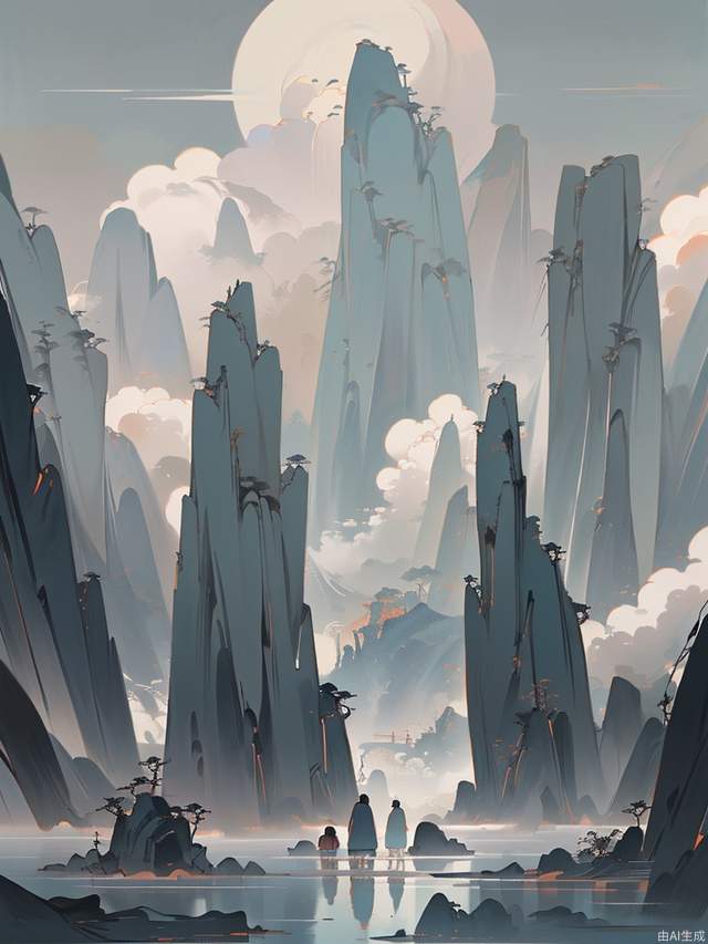 minimalism,Zen aesthetics,Chinese landscape painting,blank, Zen composition,cloud sea,crowded villagers walking and caravans on wet dark ground, they migrate, highly detailed, art by greg rutkowski,