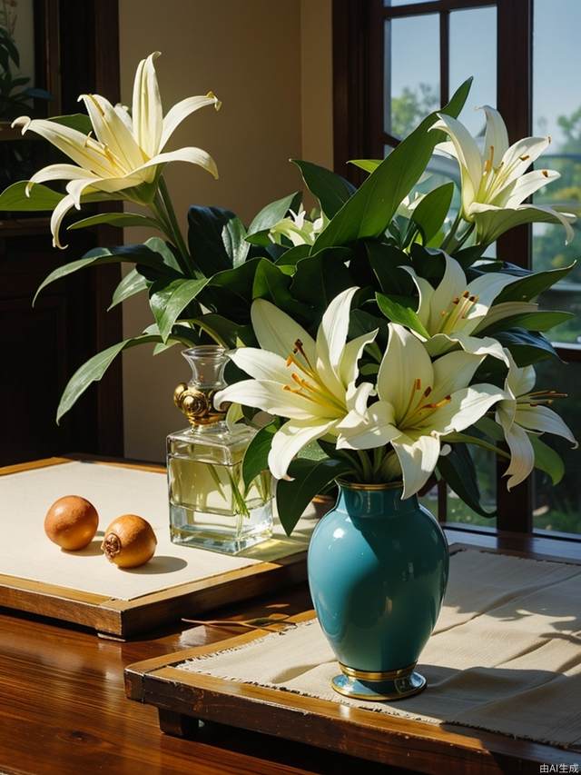 window, (Chinese painting), ((close-up)), white perfume lily, no humans,traditional media,vase, scenery,shadow,still life,leaf,painting,medium,indoors