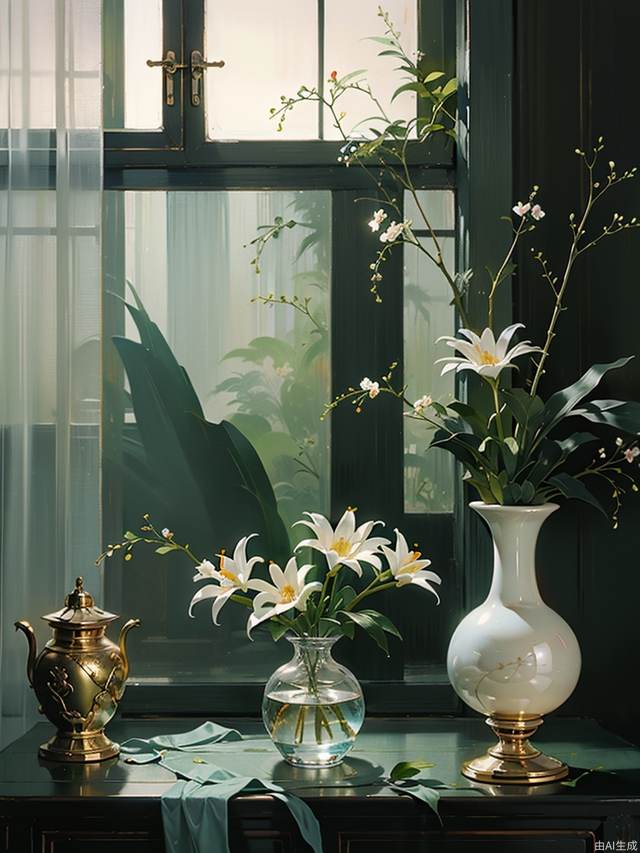 window, (Chinese painting), ((close-up)), white perfume lily, no humans,traditional media,vase, scenery,shadow,still life,leaf,painting,medium,indoors