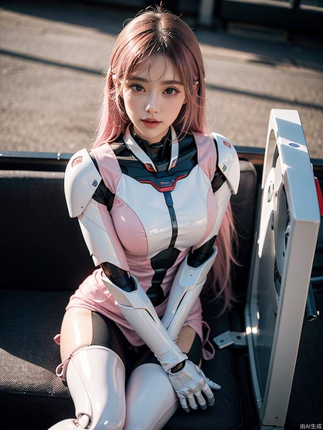 Best quality, masterpiece, professional photography, light and dark light, mecha musume,science fiction,1 girl,mechanization,from above, very long light pink hair,mechanical arms,crystal version clear, superb plastics texture, (gloss of mecha:1.4),(pink and white), highest resolution, eyeliner, long eyelashes, rouge, white skin, sitting,looking at viewer,beatiful chair