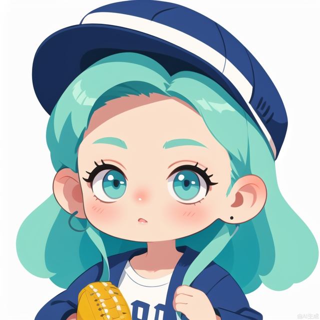 white background, solo, 1girl, baseball cap, long hair, white background, head close-up, Chibi, blue,