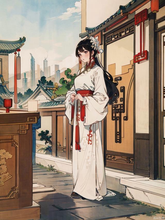 shz，best quality, masterpiece, High quality, 4K, extreme detail,
1 girl, long black hair, white long dress, white Chinese long dress, noble, holy, elegant,
Standing inside, Chinese architecture, Chinese palace