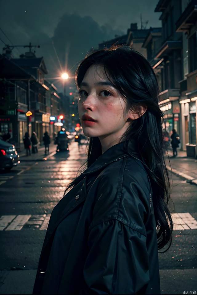 (RAW photo, 4k, realistic, exquisitely detailed skin),masterpiece,best quality,unity 8k wallpaper,ultra detailed,cinematic look,natural skin texture,extremely realistic skin texture,finely detailed face,(film grain:1.2),cinematic angle,Fujifilm XT3,,(highlydetailed),(night scene),(street corner),(1girl),(detailed lighting),(contrast),(mysterious atmosphere),,vivid illumination,,masterful technique,,harmonious composition,,immersive atmosphere,,stunning visuals,