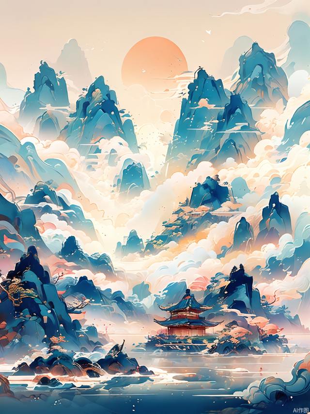 minimalism,Zen aesthetics,Chinese landscape painting,blank, Zen composition,cloud sea,crowded villagers walking and caravans on wet dark ground, they migrate, highly detailed, art by greg rutkowski,