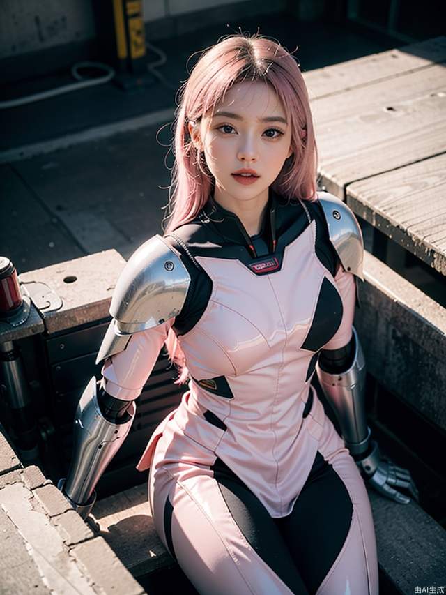 Best quality, masterpiece, professional photography, light and dark light, mecha musume,science fiction,1 girl,mechanization,from above, very long light pink hair,mechanical arms,crystal version clear, superb plastics texture, (gloss of mecha:1.4),(pink and white), highest resolution, eyeliner, long eyelashes, rouge, white skin, sitting,looking at viewer,beatiful chair