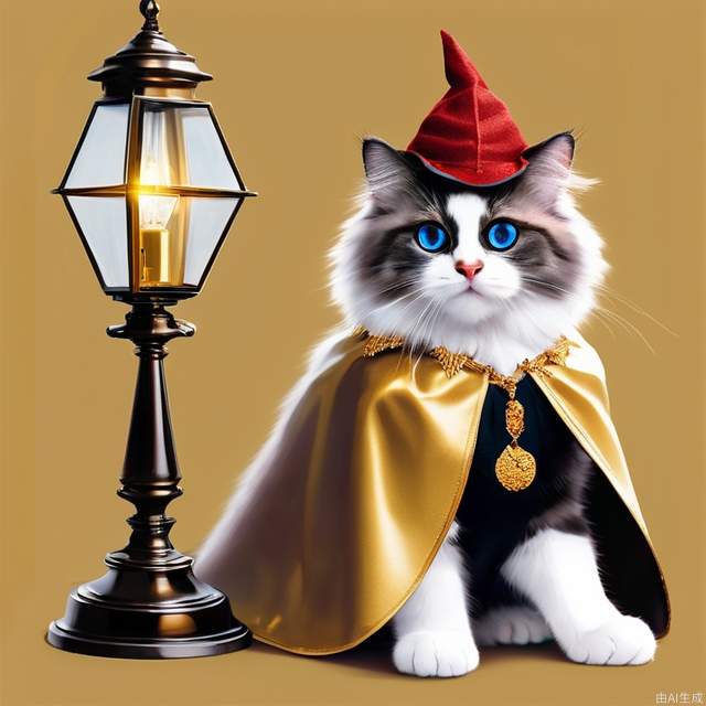 AP,animal,no humans,cat,animal focus,clothed animal,bule eyes,white background,solo,realistic,simple background,ragdoll,blurry,hat,(((gold-rimmed spectacles))),(((cape coat))),truncheon,
wearing a necklace,prejudiced to four eyes,leaf occlusion,lamp,
