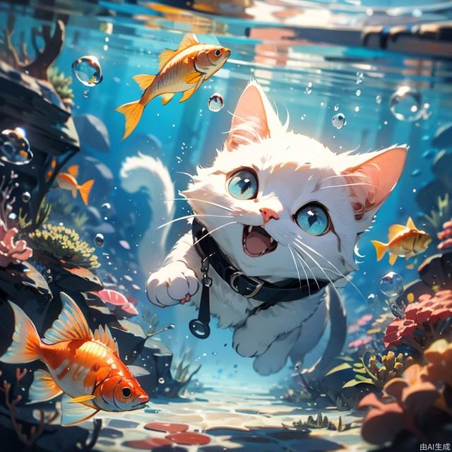 cat, MG mao, Exquisite visuals, high-definition, masterpieces, fish, whiskers, blue eyes, no humans, animal focus, open mouth, looking at viewer, white cat, underwater, bubble, solo, swimming, goldfish, submerged,water under,Bubble,HD screen,.,pixar,3D,C4D,blender, <lora:EMS-456-EMS:0.85>