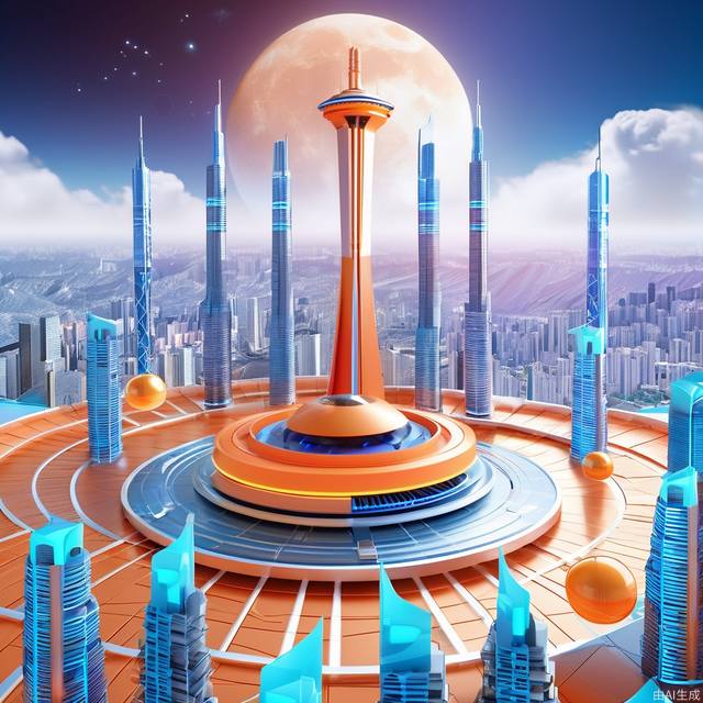 futuristic city with sky tower flying over it,in the style of vibrant stage backdrops,group f/64,miki asai,money themed,circular shapes,Persian orange and Chinese res,ue5,c4d,blender,ocrendering,