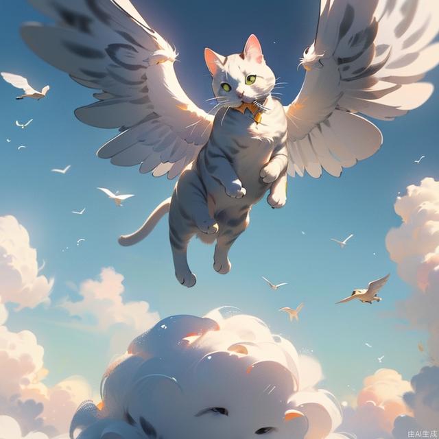 (one white cat:1.7),(flying Apsaras:1.4),(A pair of wings Cat:1.5),(Winged Cat:1.4),(white angel Wings:1.1),(Flying Cat:1.5),(sky background:1.3),(Multiple bird species:1.1),Many little birds,(masterpiece:1,2),best quality,masterpiece,highres,original,extremely detailed wallpaper,perfect lighting,(extremely detailed CG:1.2),<lora:MG mao_20230609180858:1>,