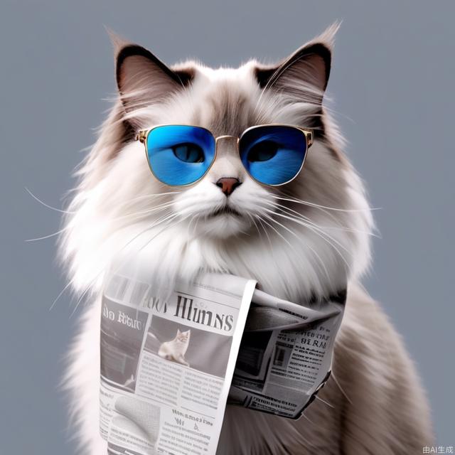 AP,no humans,cat,realistic,animal focus,animal,blurry,simple background,whiskers,newspaper,gray background,ragdoll,wear sunglasses,