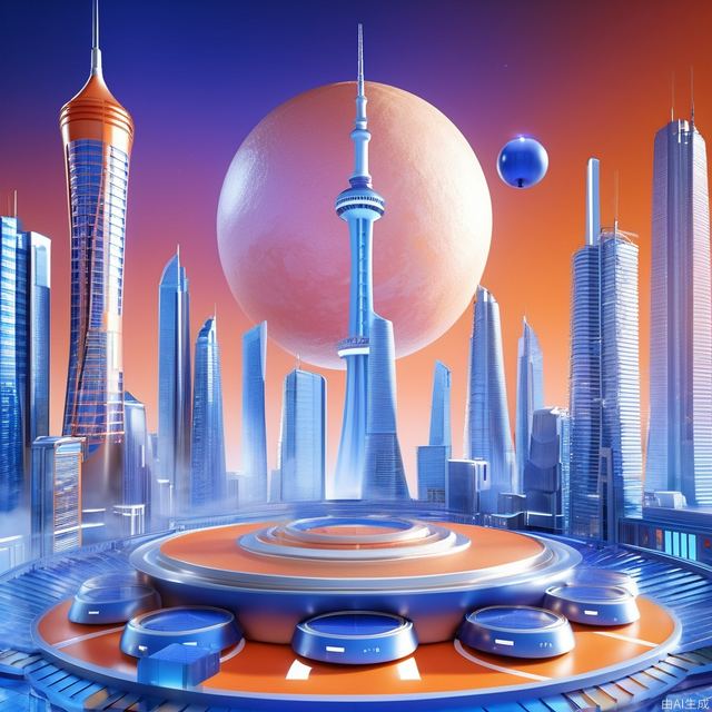 futuristic city with sky tower flying over it,in the style of vibrant stage backdrops,group f/64,miki asai,money themed,circular shapes,Lapis lazuli and orange,ue5,c4d,blender,ocrendering,