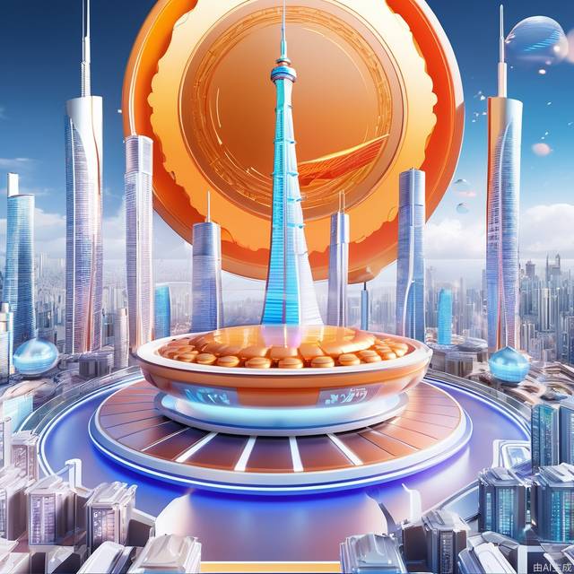 futuristic city with sky tower flying over it,in the style of vibrant stage backdrops,group f/64,miki asai,money themed,circular shapes,Persian orange and Chinese res,ue5,c4d,blender,ocrendering,