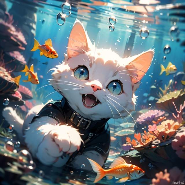 cat, MG mao, Exquisite visuals, high-definition, masterpieces, fish, whiskers, blue eyes, no humans, animal focus, open mouth, looking at viewer, white cat, underwater, bubble, solo, swimming, goldfish, submerged,water under,Bubble,HD screen,.,pixar,3D,C4D,blender, <lora:EMS-456-EMS:0.85>