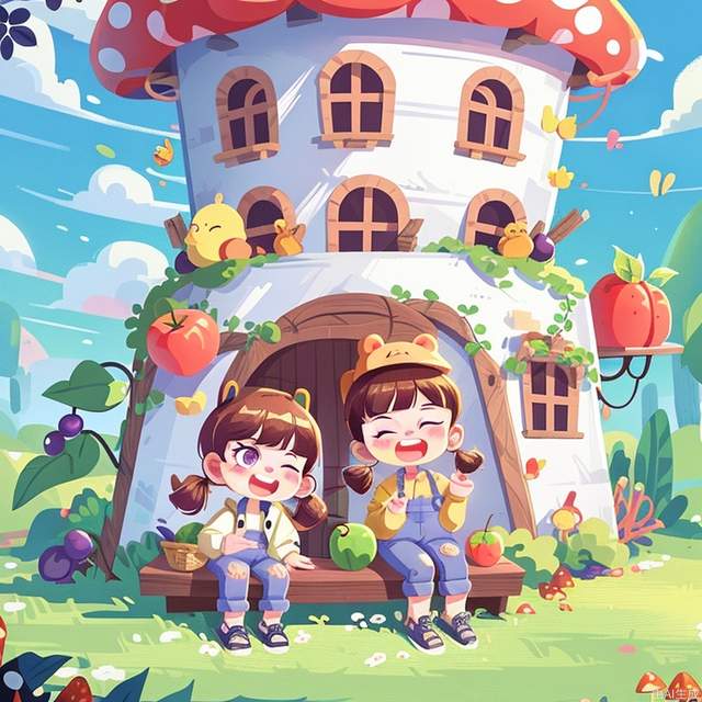 1girl, brown hair, bug, food, fruit, butterfly, grass, twintails, open mouth, one eye closed, apple, smile, cloud, outdoors, bird, blue sky, bangs, tree, sky, day, skirt, blunt bangs, blush, mushroom, purple eyes, hat, jacket, short twintails, shirt, tomato, grapes, overalls, blush stickers