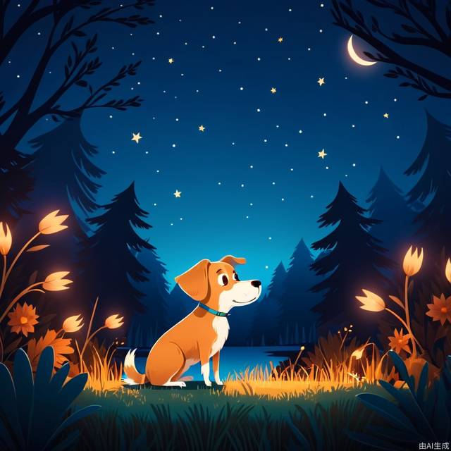 Children's Illustration Style,night, a dog. cinematic photo, 4k, highly detailed, uhd image, intricate details detailed scene background, detailed, 8k, trending, amazing art, colorful