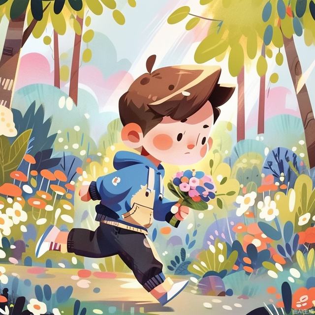 masterpiece, best quality, 1 boy, solo, light blue hoodie, running, holding a bouquet of flowers, roses, surrounded by woods, daytime, sunshine
