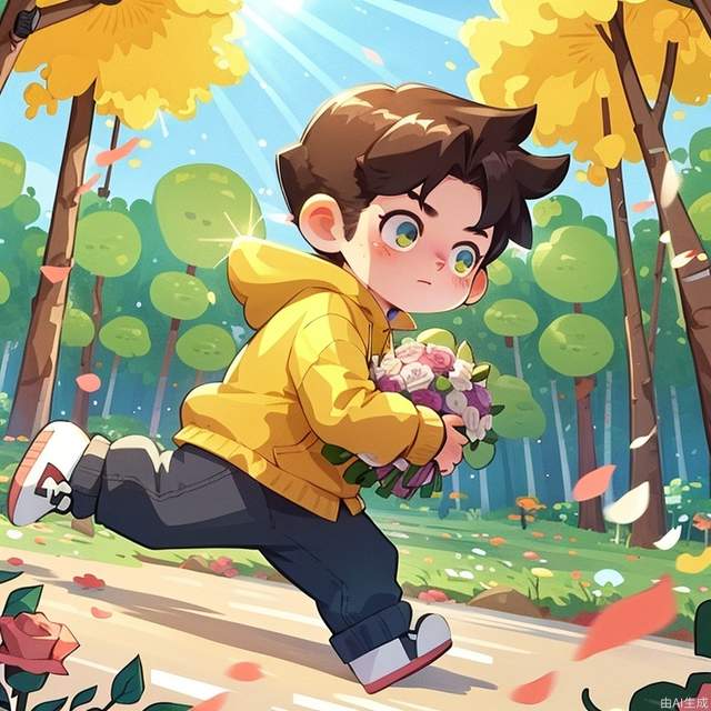 masterpiece, best quality, 1 boy, solo, light blue hoodie, running, holding a bouquet of flowers, roses, surrounded by woods, daytime, sunshine