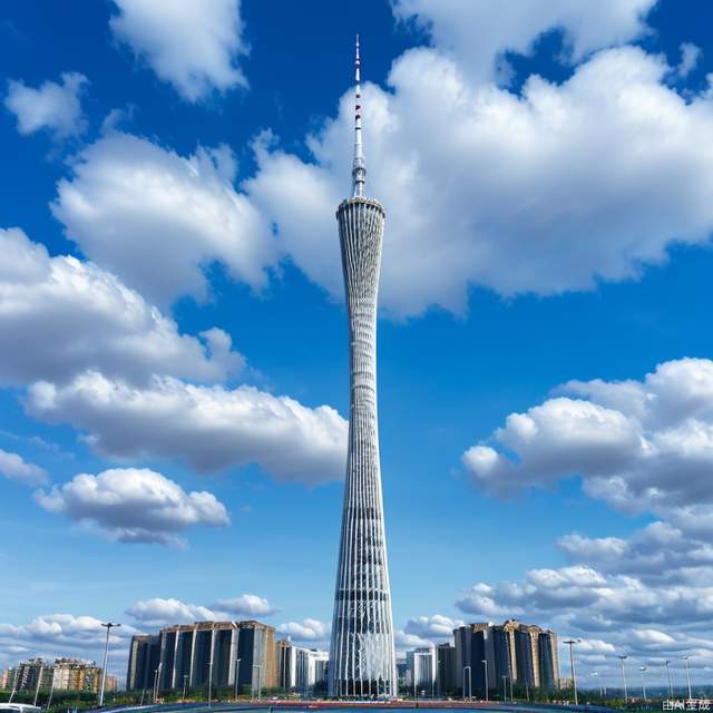 gzt，Architecture, Tower，(Masterpiece, best quality), outdoors, day, no people, sky, clouds, blue sky, mountains