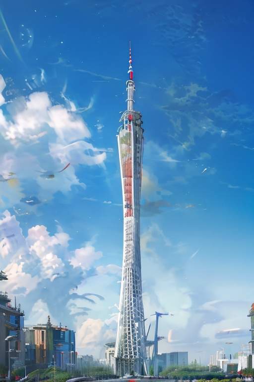 gzt，Architecture, Tower，(Masterpiece, best quality), outdoors, day, no people, sky, clouds, blue sky, mountains