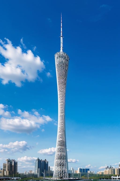 gzt，Architecture, Tower，(Masterpiece, best quality), outdoors, day, no people, sky, clouds, blue sky, mountains