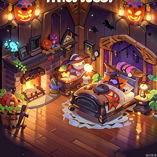 ((masterpiece, best quality,)),window, pumpkin, candle, halloween, jack-o'-lantern, hat, bed, food, witch hat, no humans, indoors, night, plant, ghost, book, table, spider web, silk, potted plant, fireplace, pillow, door, wooden floor 