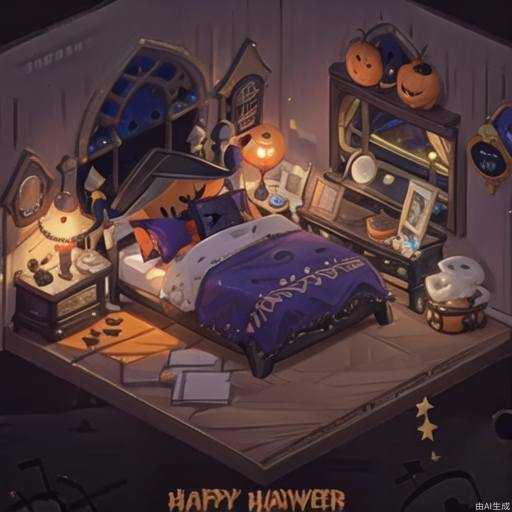 ((masterpiece, best quality,)),window, pumpkin, candle, halloween, jack-o'-lantern, hat, bed, food, witch hat, no humans, indoors, night, plant, ghost, book, table, spider web, silk, potted plant, fireplace, pillow, door, wooden floor 