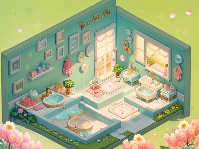 ((masterpiece, best quality,)),no humans, flower, bathtub, towel, mirror, bottle, window, food, petals, bathroom, pink flower, sink, water, faucet