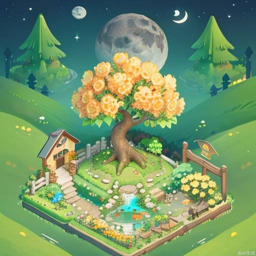 ((masterpiece, best quality,)),tree, flower, no humans, water, house, yellow flower, moon, plant, grass, fence <lora:microscene1.1-000016:0.8>