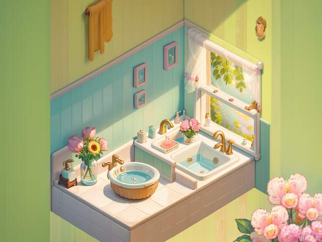 ((masterpiece, best quality,)),no humans, flower, bathtub, towel, mirror, bottle, window, food, petals, bathroom, pink flower, sink, water, faucet