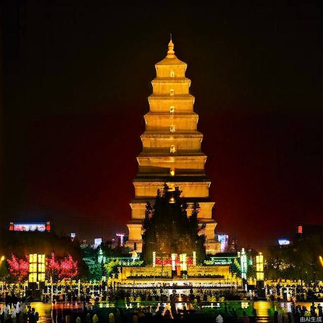 dyt,night,A tall pagoda(masterpiece, best quality), Cyberpunk, rainy city streets, tall buildings, neon lights, people coming and going