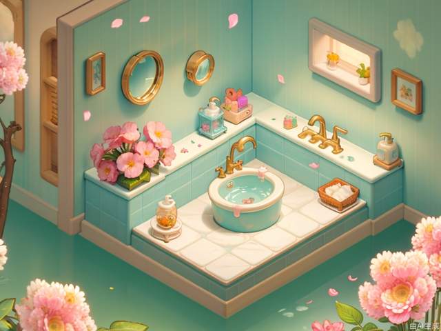 ((masterpiece, best quality,)),no humans, flower, bathtub, towel, mirror, bottle, window, food, petals, bathroom, pink flower, sink, water, faucet