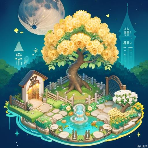 ((masterpiece, best quality,)),tree, flower, no humans, water, house, yellow flower, moon, plant, grass, fence <lora:microscene1.1-000016:0.8>