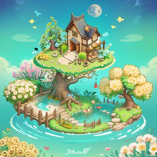 ((masterpiece, best quality,)),tree, flower, no humans, water, house, yellow flower, moon, plant, grass, fence <lora:microscene1.1-000016:0.8>