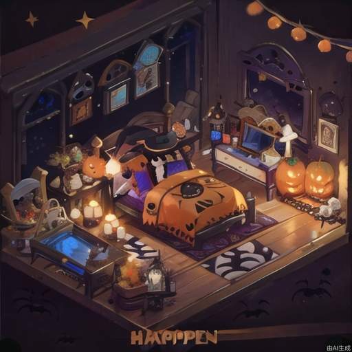 ((masterpiece, best quality,)),window, pumpkin, candle, halloween, jack-o'-lantern, hat, bed, food, witch hat, no humans, indoors, night, plant, ghost, book, table, spider web, silk, potted plant, fireplace, pillow, door, wooden floor 