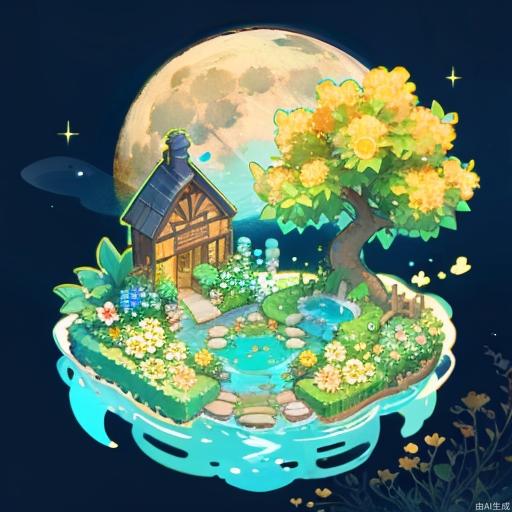 ((masterpiece, best quality,)),tree, flower, no humans, water, house, yellow flower, moon, plant, grass, fence <lora:microscene1.1-000016:0.8>