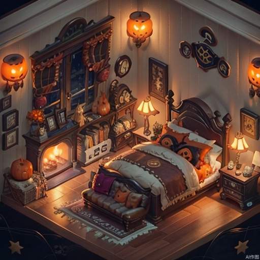 ((masterpiece, best quality,)),window, pumpkin, candle, halloween, jack-o'-lantern, hat, bed, food, witch hat, no humans, indoors, night, plant, ghost, book, table, spider web, silk, potted plant, fireplace, pillow, door, wooden floor 