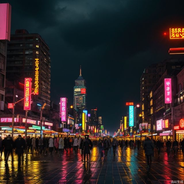 dyt, night,(masterpiece, best quality), Cyberpunk, rainy city streets, tall buildings, neon lights, people coming and going