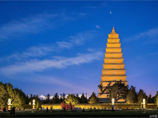 dyt, night,A tall pagoda,(Masterpiece, best quality), outdoors, City lighting, no people, sky, trees, clouds, blur, blue sky, mountains